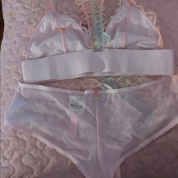 Lace Bralette and Panty Set - Pastel Pink and White - Picture 2 of 3